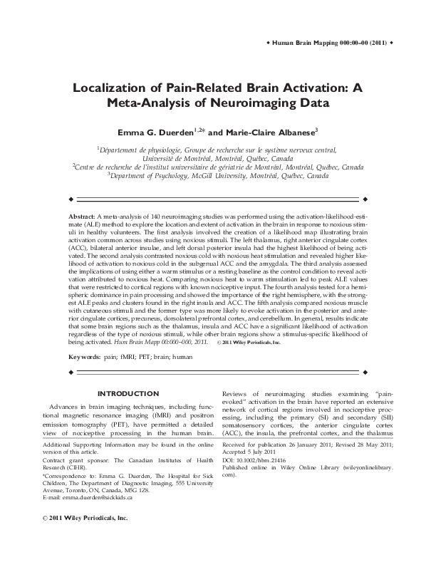 (PDF) Localization of pain-related brain activation: A meta-analysis of ...