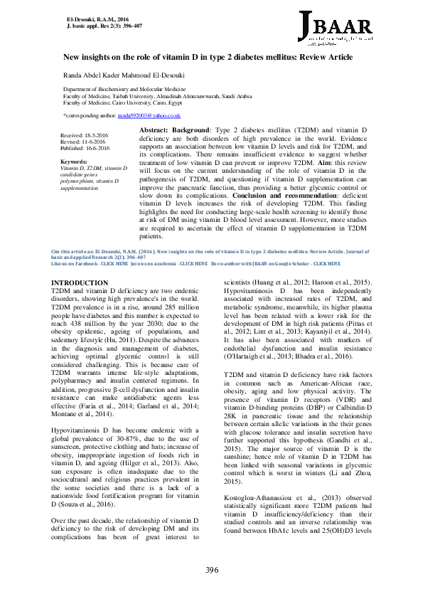 (PDF) New insights on the role of vitamin D in type 2 diabetes mellitus ...