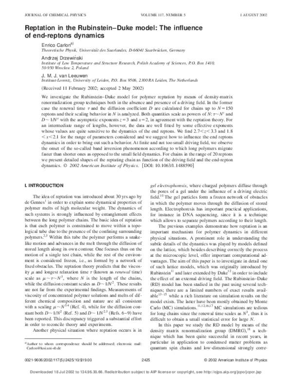 (PDF) Reptation in the Rubinstein–Duke model: The influence of end ...