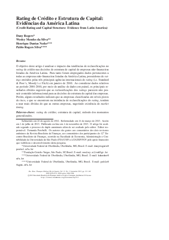  PDF Rating De Cr dito E Estrutura De Capital Evid ncias Da Am rica