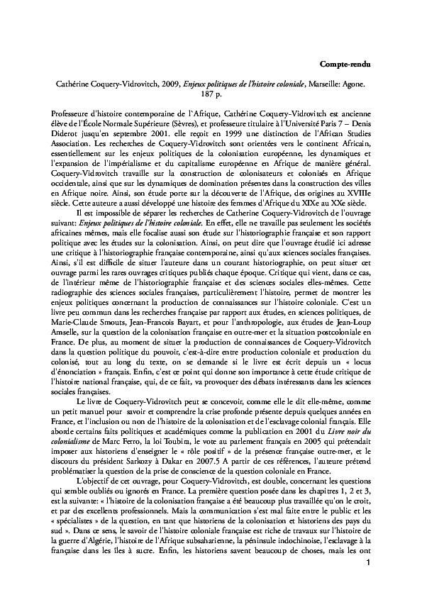 Compte-rendu: Cathérine Coquery-Vidrovitch, 2009, Enjeux politiques de l'histoire coloniale, Marseille: Agone. 187 p.