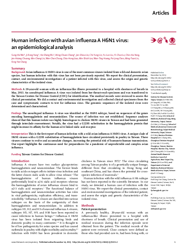 (PDF) Human infection with avian influenza A H6N1 virus: an ...
