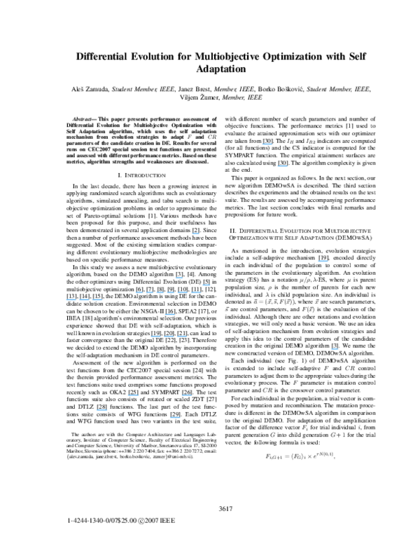 (PDF) Differential evolution for multiobjective optimization with self