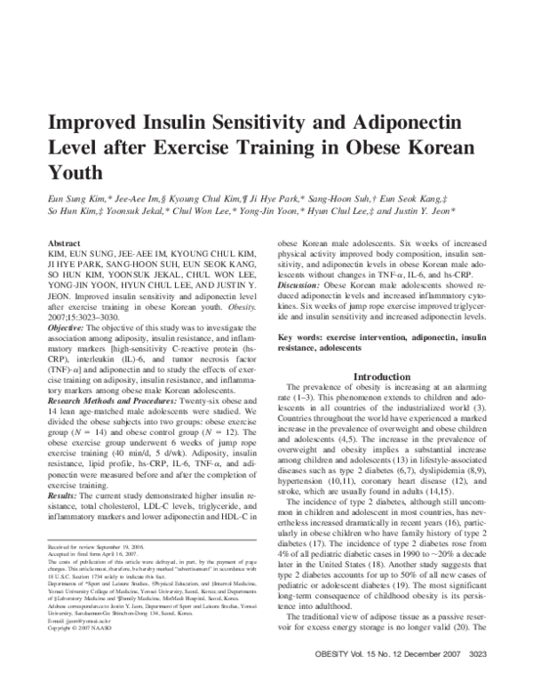 (PDF) Improved Insulin Sensitivity and Adiponectin Level after Exercise ...