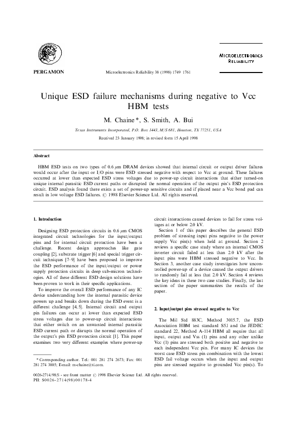 Pdf Unique Esd Failure Mechanisms During Negative To Wc 13bm Tests