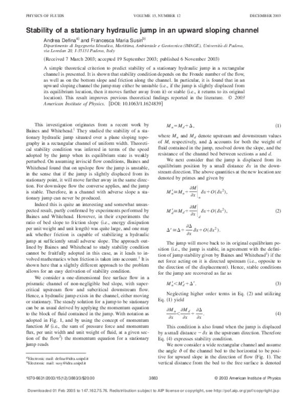 (PDF) Stability of a stationary hydraulic jump in an upward sloping