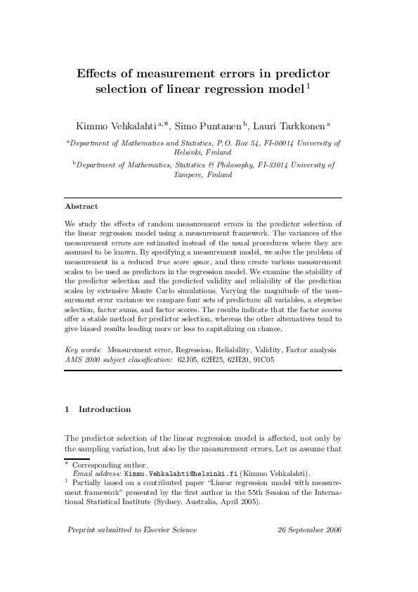 (PDF) Effects of measurement errors in predictor selection of linear ...