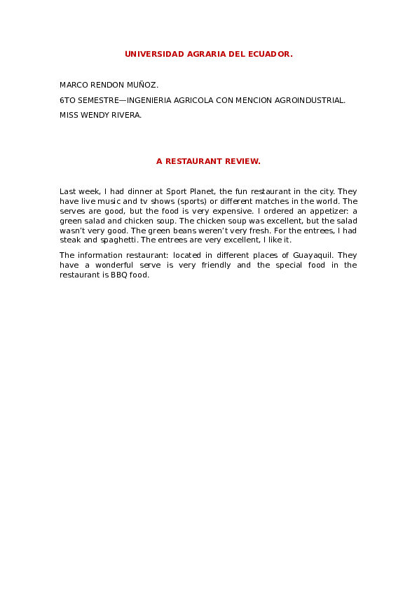 (DOC) UNIVERSIDAD AGRARIA DEL ECUADOR. A RESTAURANT REVIEW Marco