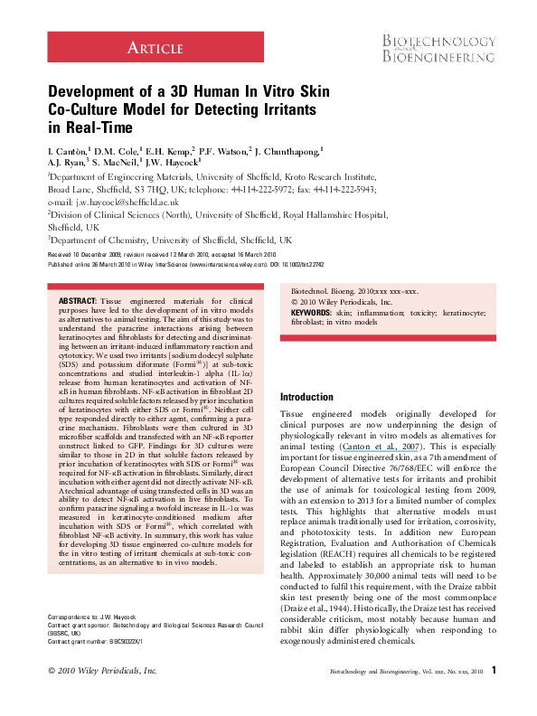 (PDF) Development of a 3D human in vitro skin co‐culture model for ...