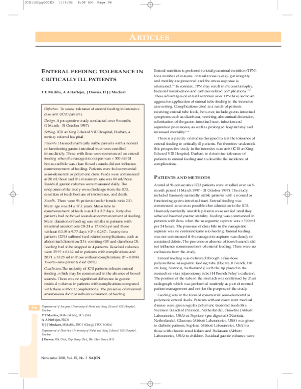 (PDF) Enteral feeding tolerance in critically ill patients