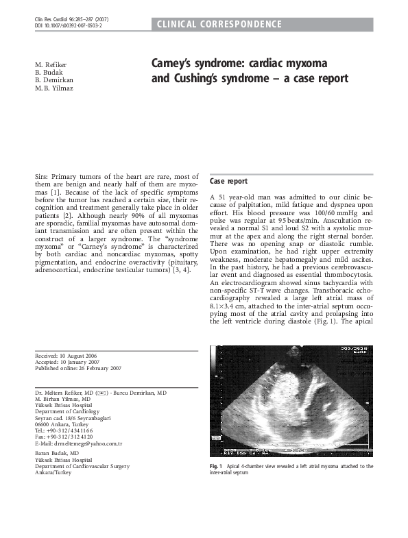 (PDF) Carney's syndrome cardiac myxoma and Cushing's syndrome a case report Mehmet Yılmaz
