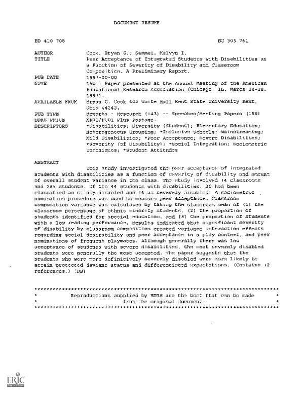 (PDF) Peer Acceptance of Integrated Students with Disabilities as a ...