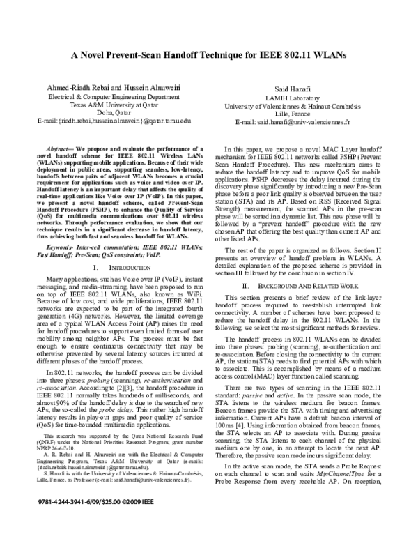 (PDF) A novel prevent-scan Handoff technique for IEEE 802.11 WLANs
