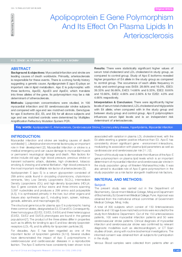 (PDF) Apolipoprotein E Gene Polymorphism And Its Effect On Plasma ...