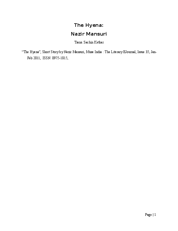 (DOC) The Hyena A Gujarati Short Story by Nazir Mansuri Sachin C