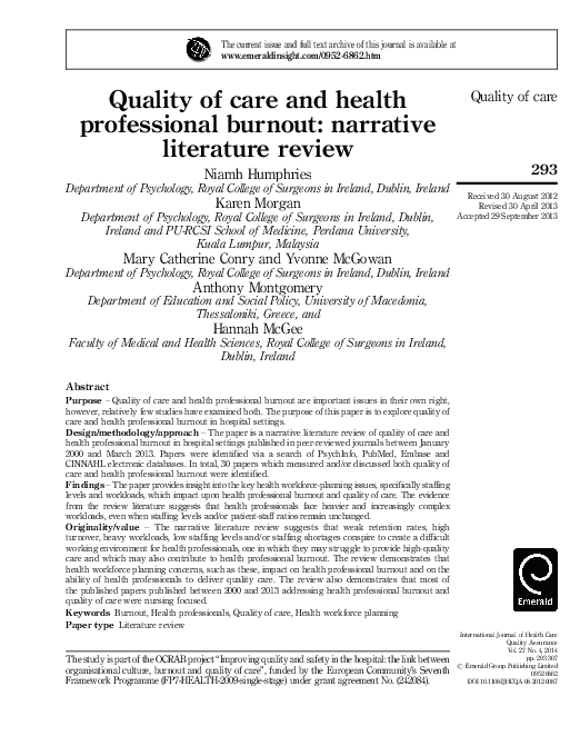 (PDF) Quality of care and health professional burnout narrative literature review Yvonne