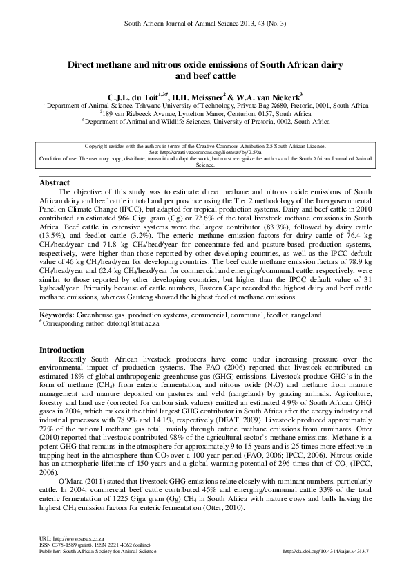 (PDF) Direct methane and nitrous oxide emissions of South African dairy ...