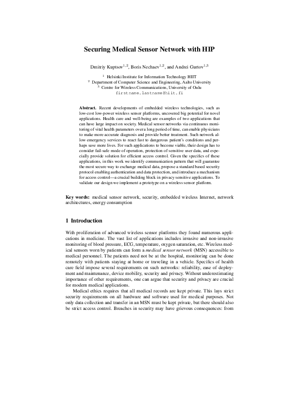 (PDF) Securing Medical Sensor Network with HIP Dmitriy Kuptsov