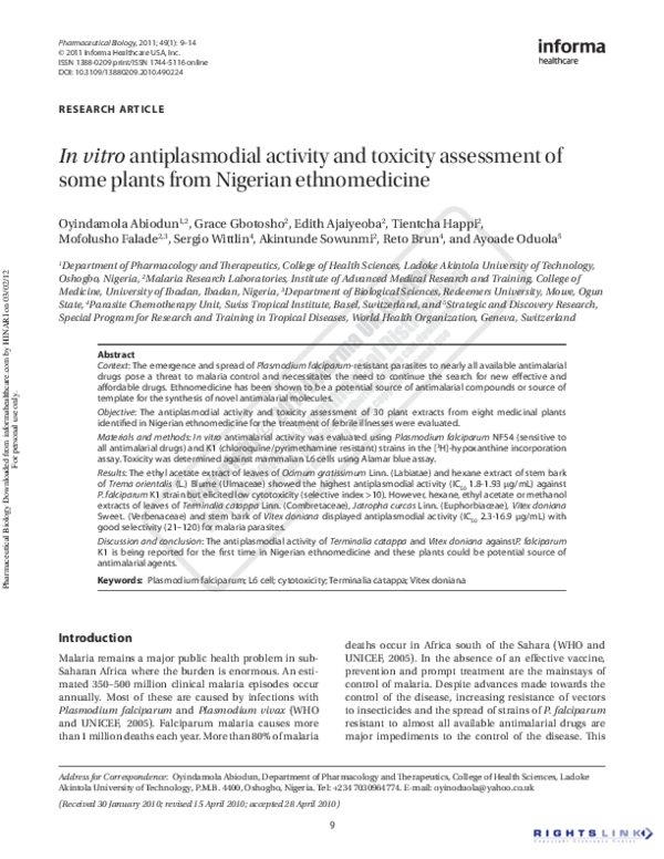 (PDF) In vitro antiplasmodial activity and toxicity assessment of some ...