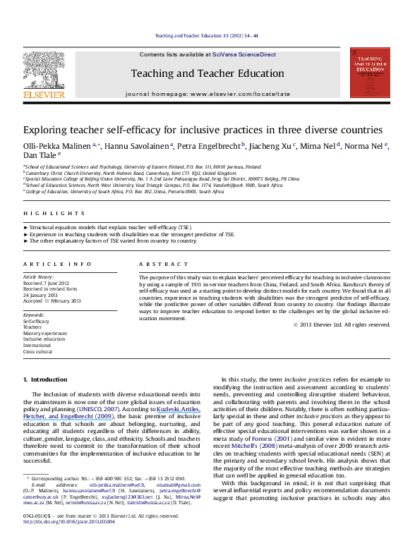 (PDF) Exploring teacher self-efficacy for inclusive practices in three ...