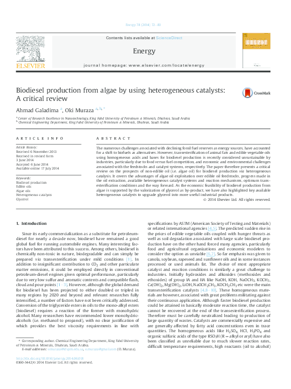 (PDF) Biodiesel production from algae by using heterogeneous catalysts ...
