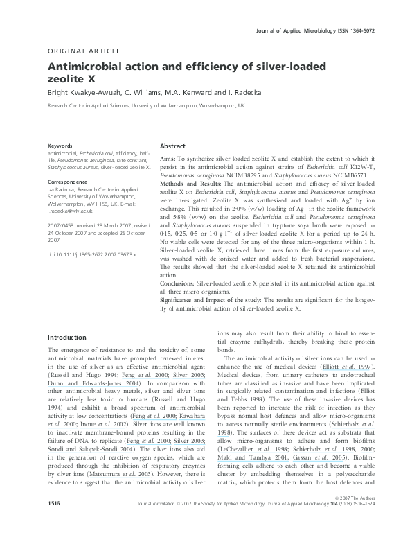 (PDF) Antimicrobial action and efficiency of silver-loaded zeolite X