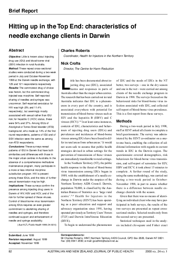 (PDF) Hitting up in the Top End characteristics of needle exchange