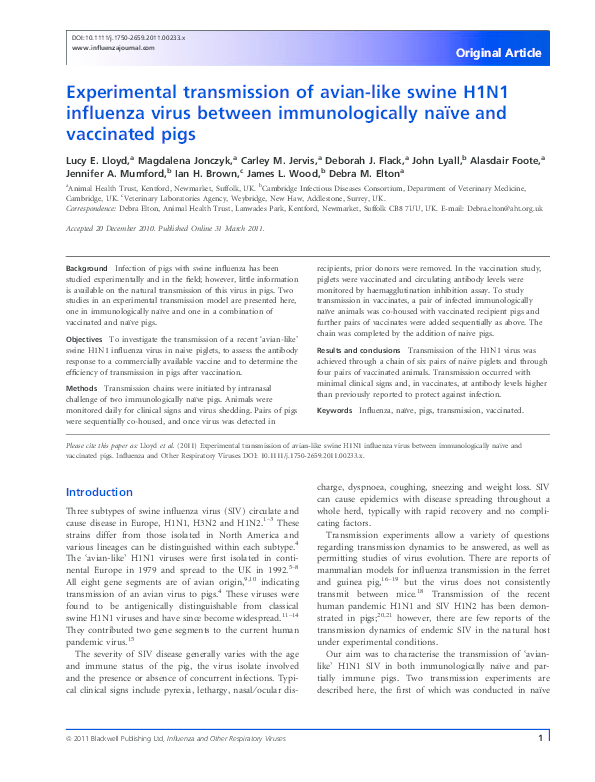 (PDF) Experimental transmission of avian-like swine H1N1 influenza ...