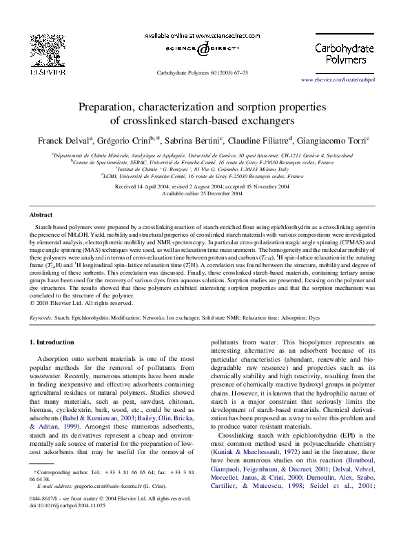 (PDF) Preparation, characterization and sorption properties of ...