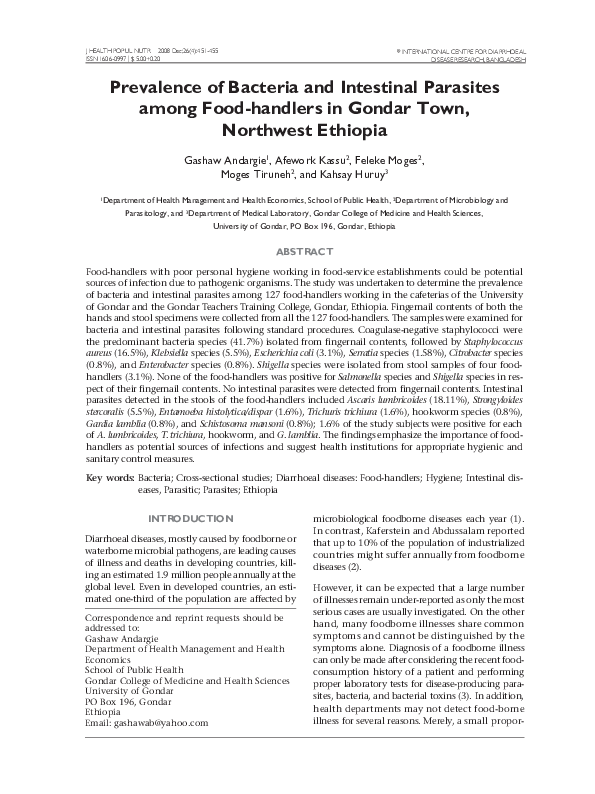 (PDF) Prevalence of Bacteria and Intestinal Parasites among Food ...
