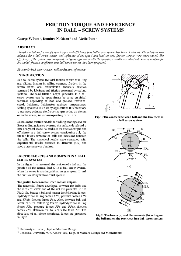 (PDF) Friction Torque and Efficiency in Ball Screw Systems Dumitru