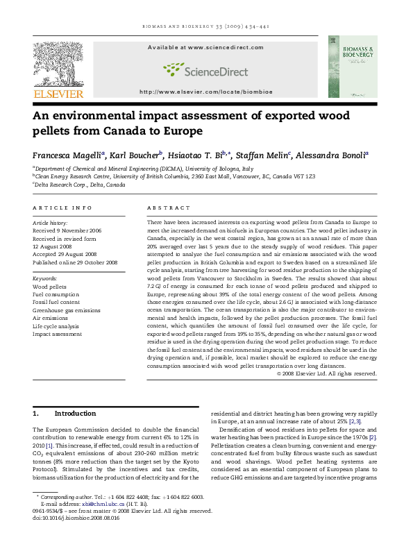 (PDF) An environmental impact assessment of exported wood pellets from