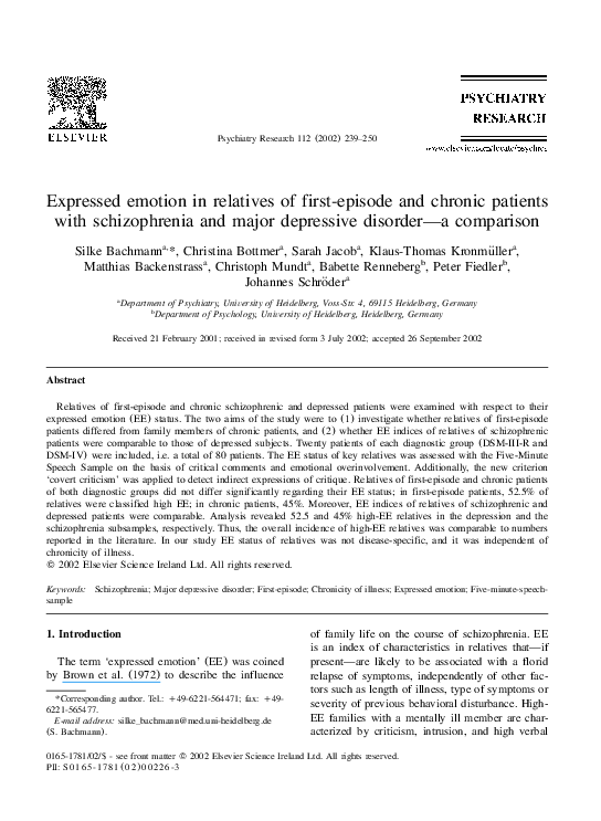 Pdf Expressed Emotion In Relatives Of First Episode And Chronic Patients With Schizophrenia And Major Depressive Disorder A Comparison Silke Bachmann Matthias Backenstrass And Babette Renneberg Academia Edu