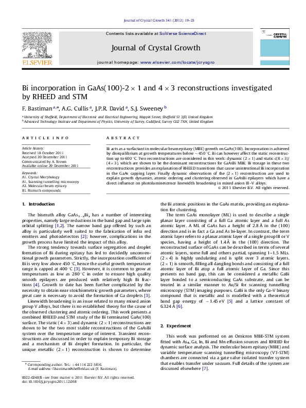 (PDF) Bi incorporation in GaAs(100)-2×1 and 4×3 reconstructions ...