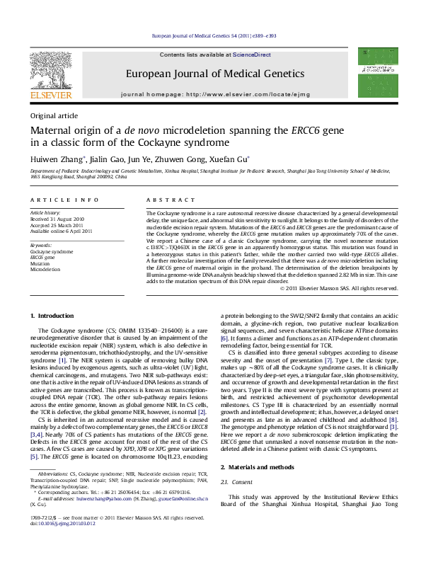 (PDF) Maternal origin of a de novo microdeletion spanning the ERCC6 ...