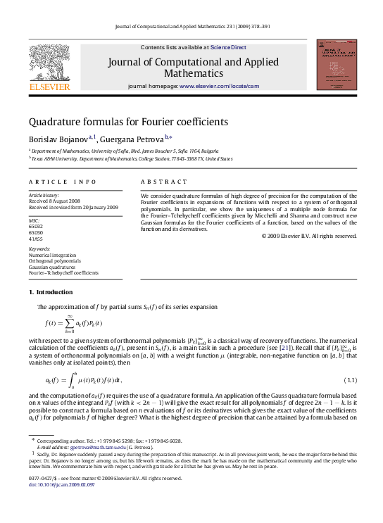 (PDF) Quadrature formulas for Fourier coefficients