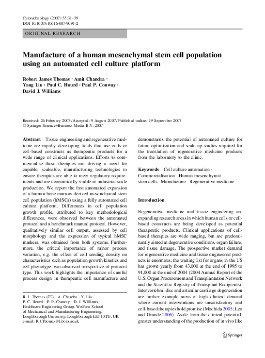 (PDF) Manufacture of a human mesenchymal stem cell population using an ...