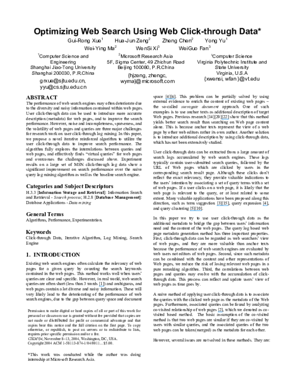 (PDF) Optimizing web search using web clickthrough data Yong Yu
