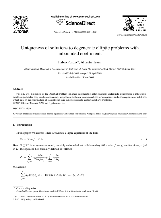(PDF) Uniqueness of solutions to degenerate elliptic problems with ...