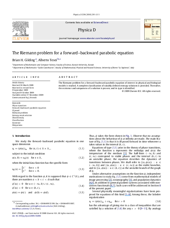 (PDF) The Riemann problem for a forward–backward parabolic equation