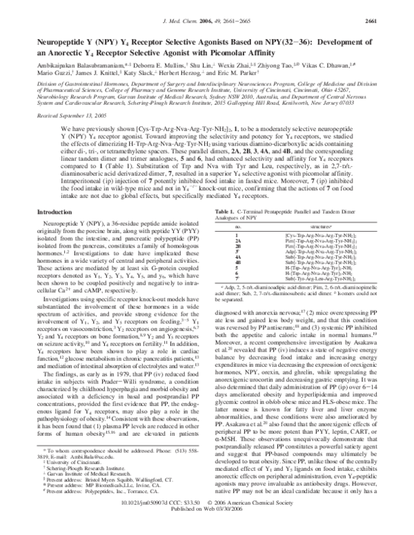 (PDF) Neuropeptide Y (NPY) Y 4 Receptor Selective Agonists Based on NPY ...