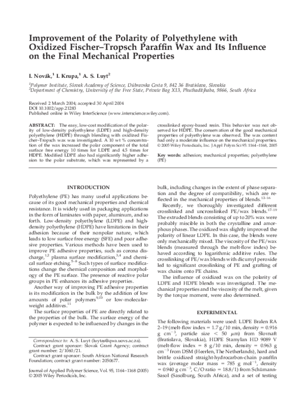 (PDF) Improvement of the polarity of polyethylene with oxidized Fischer