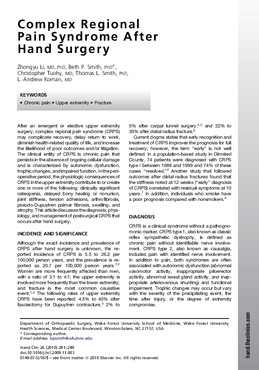 (PDF) Complex Regional Pain Syndrome After Hand Surgery Zhongyu Li