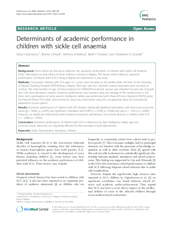 (PDF) Determinants of academic performance in children with sickle cell ...