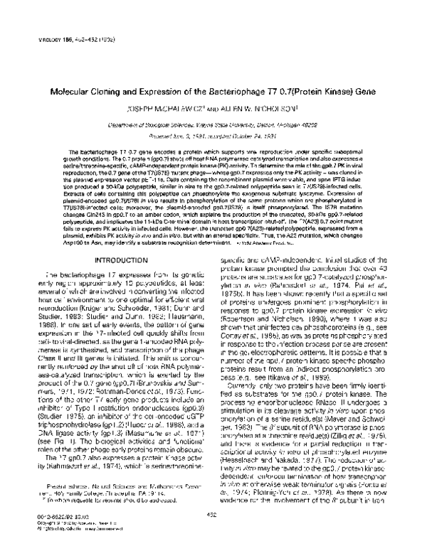 (PDF) Molecular cloning and expression of the bacteriophage T7 0.7 ...