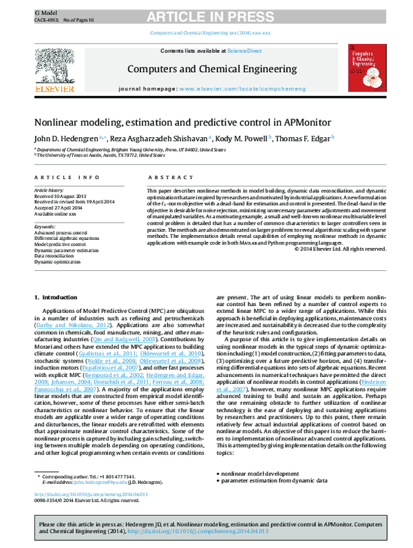 (PDF) Nonlinear modeling, estimation and predictive control in APMonitor