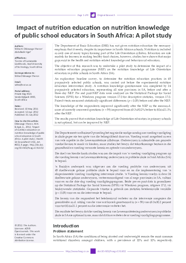 (PDF) Impact of nutrition education on nutrition knowledge of public ...