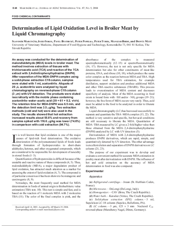 (PDF) Determination of lipid oxidation level in broiler meat by liquid