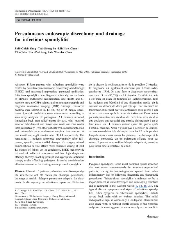 (PDF) Percutaneous endoscopic discectomy and drainage for infectious ...