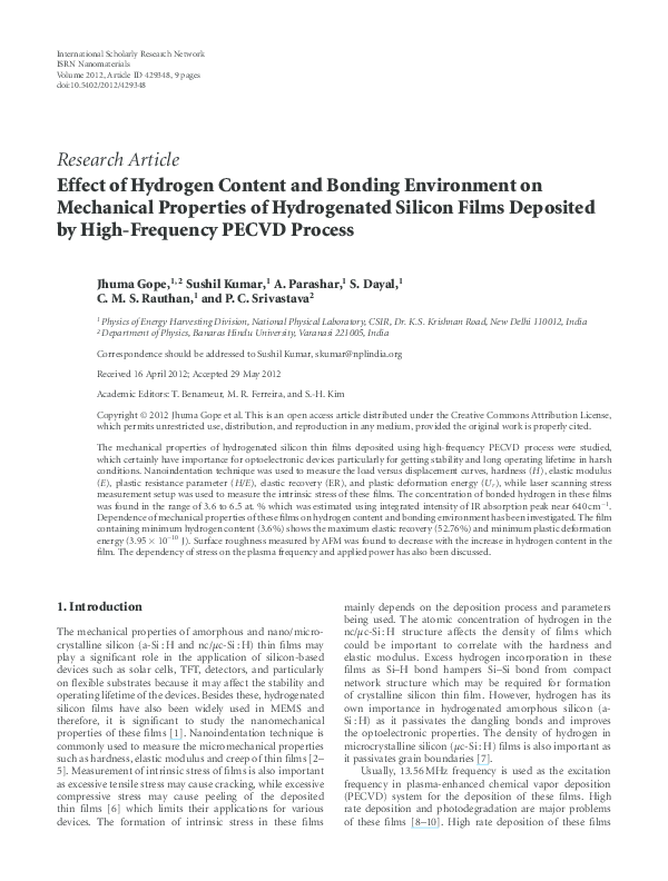(PDF) Effect of Hydrogen Content and Bonding Environment on Mechanical ...